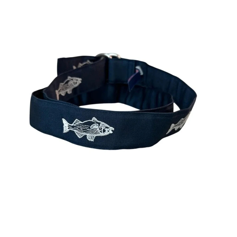 Vineyard Vines Mens Navy Blue Striped Bass Fish Embroidered D-Ring Belt Size M